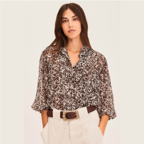 ba&sh Elia Ruffle Button Down Blouse Black White Print Small NWT - Picture 3 of 15